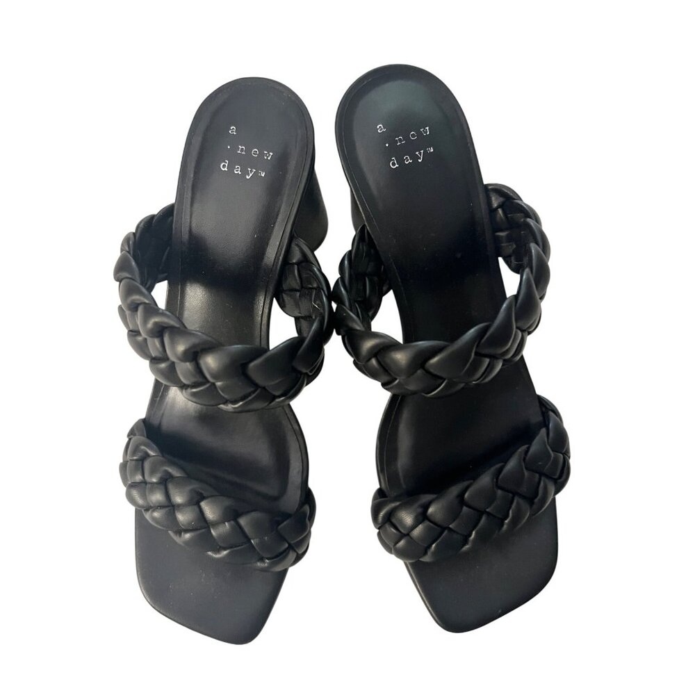A New Day Womens Black Braided Strap Chunky Heel Sandals Size 8
